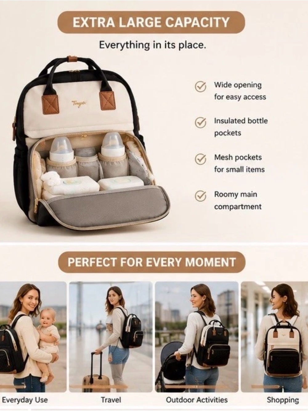 Black & Cream Extra Large Diaper Backpack - Picture 4 of 7